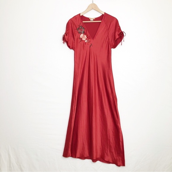 Sensara Red satin embroidered detail, maxi slip dress - Picture 10 of 10